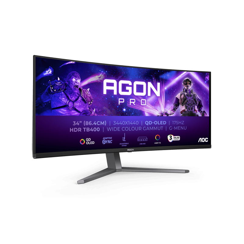 Monitor Aoc 34" AG346UCD, Curvature: 1800R, Diagonal (inch): 34, Diagonal (cm): 86, Aspect ratio: 21:9, Panel: QD-OLED, Resolution: 3440x1440, Refresh Rate: 175Hz, Response time GtG: 0.03ms, Brightness (max): 1000 cd/m², Contrast (static) : 1.5M:1, Contrast (dynamic): Mega Infinity DCR, Viewing