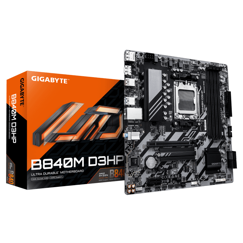 GIGABYTE B840M D3HP. Processor manufacturer: AMD, Processor socket: Socket AM5, Compatible processor series: AMD Ryzen 7000 Series, AMD Ryzen 8000 Series, AMD Ryzen 9000 Series. Supported memory types: DDR5-SDRAM, Maximum internal memory: 256 GB, Memory slots type: DIMM. Supported storage drive