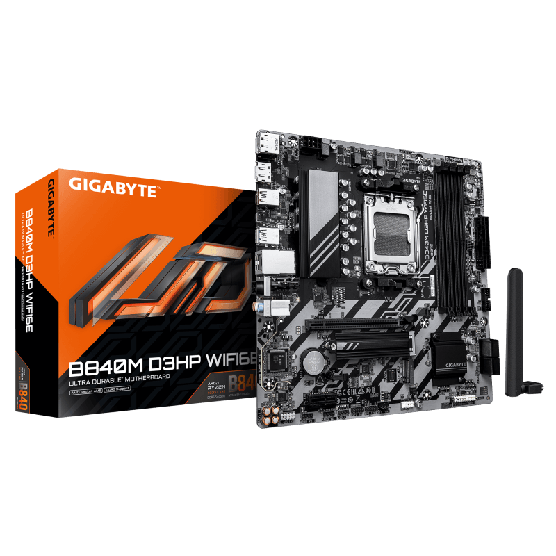 GIGABYTE B840M D3HP WIFI6E. Processor manufacturer: AMD, Processor socket: Socket AM5, Compatible processor series: AMD Ryzen 7000 Series, AMD Ryzen 8000 Series, AMD Ryzen 9000 Series. Supported memory types: DDR5-SDRAM, Maximum internal memory: 256 GB, Memory slots type: DIMM. Supported storage