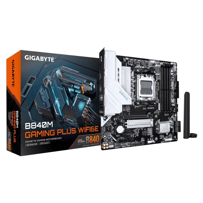GIGABYTE B840M GAMING PLUS WIFI6E. Processor manufacturer: AMD, Processor socket: Socket AM5, Compatible processor series: AMD Ryzen 7000 Series, AMD Ryzen 8000 Series, AMD Ryzen 9000 Series. Supported memory types: DDR5-SDRAM, Maximum internal memory: 256 GB, Memory slots type: DIMM. Supported