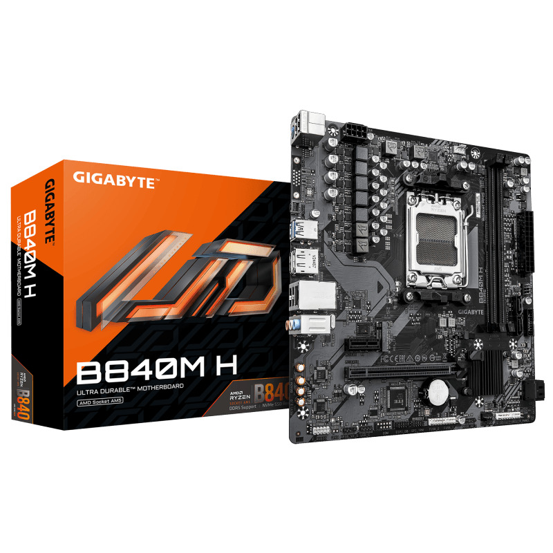 GIGABYTE B840M H. Processor manufacturer: AMD, Processor socket: Socket AM5, Compatible processor series: AMD Ryzen 7000 Series, AMD Ryzen 8000 Series, AMD Ryzen 9000 Series. Supported memory types: DDR5-SDRAM, Maximum internal memory: 128 GB, Memory slots type: DIMM. Supported storage drive