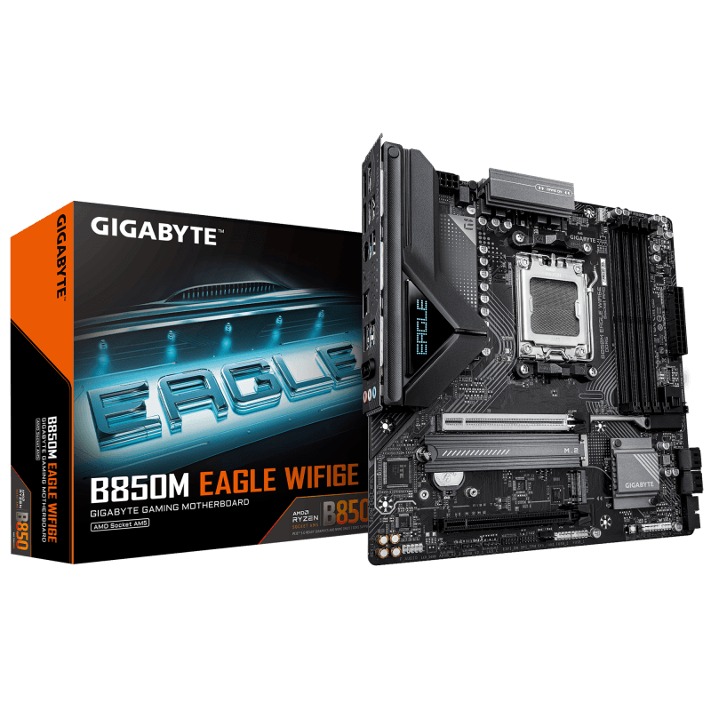 GIGABYTE B850M EAGLE WIFI6E. Processor manufacturer: AMD, Processor socket: Socket AM5, Compatible processor series: AMD Ryzen 7000 Series, AMD Ryzen 8000 Series, AMD Ryzen 9000 Series. Supported memory types: DDR5-SDRAM, Maximum internal memory: 256 GB, Memory slots type: DIMM. Supported storage