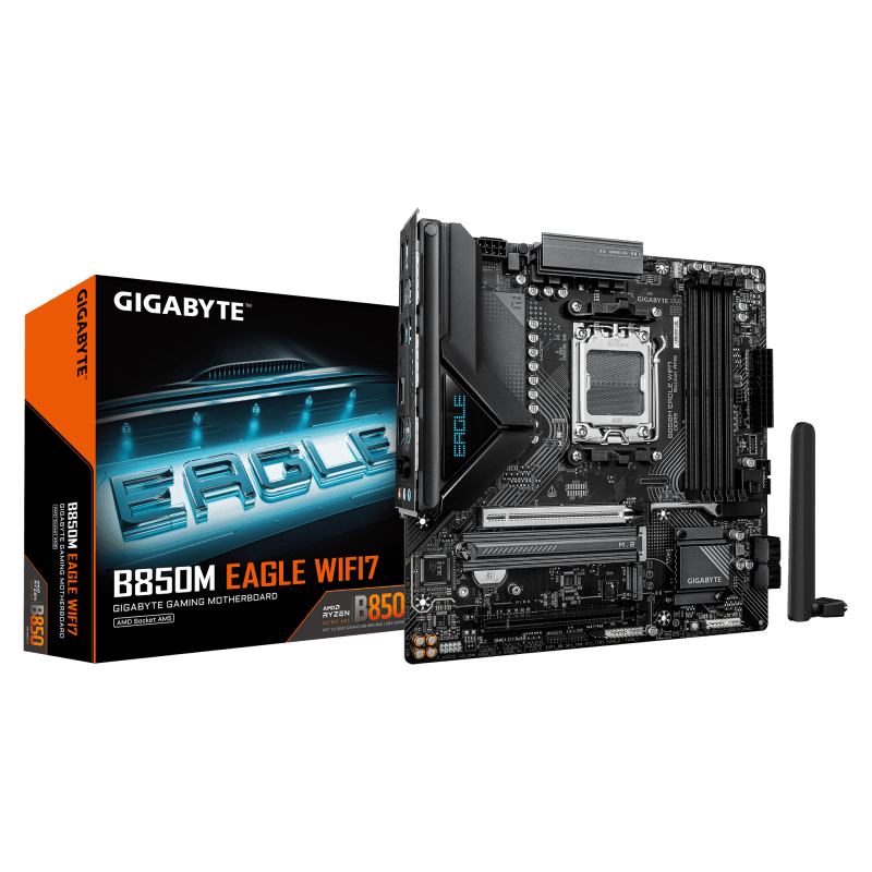 GIGABYTE B850M EAGLE WIFI7. Processor manufacturer: AMD, Processor socket: Socket AM5, Compatible processor series: AMD Ryzen 7000 Series, AMD Ryzen 8000 Series, AMD Ryzen 9000 Series. Supported memory types: DDR5-SDRAM, Maximum internal memory: 256 GB, Memory slots type: DIMM. Supported storage
