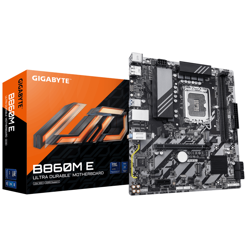 GIGABYTE B860M E. Processor manufacturer: Intel, Processor socket: LGA 1851 (Socket V1), Compatible processor series: Intel Core Ultra (Series 2). Supported memory types: DDR5-SDRAM, Maximum internal memory: 128 GB, Memory slots type: DIMM. Supported storage drive interfaces: M.2, PCI Express 4.0