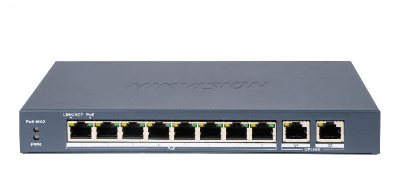 Switch PoE Hikvision DS-3E0310P-E/M(B): 8 × 10/100 Mbps PoE port, and 2 × Gigabit RJ45 port, PoE standard: IEEE 802.3af;IEEE 802.3at, 8 porturi PoE maxim 30W, buget PoE 80W, tensiune alimentare: 54VDC, 1.2A, dimensiuni: 217.60 mm × 27.60 mm × 108.50 mm, greutate: 0.555kg, montare pe birou sau pe