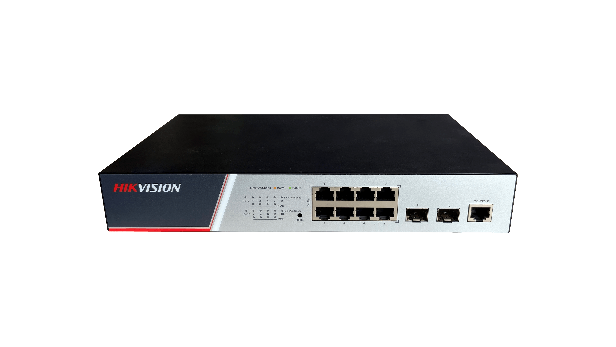 Switch Hikvision DS-3E2510P(B), Switching Capacity 336 Gbps, 8 Gigabit Poe electrical ports and 2 Gigabit / 100M SFP optical ports, Address Table 8 K, Support binding of IP, MAC, port and VLAN, dimensiuni: 280 mm × 44 mm × 180 mm, temperatura de functionare: -10°C to 50°C, greutate:1.2Kg