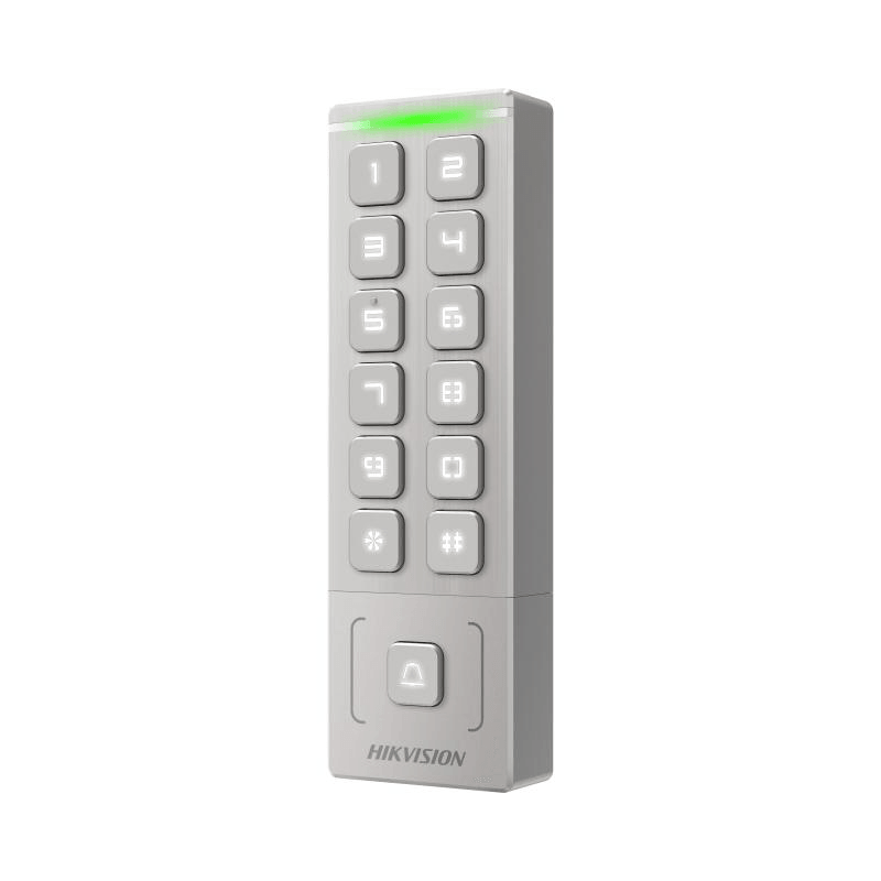 Cititor de proximitate cu tastatura Hikvision DS-K1T809EWX, card sau PIN, maxim 5000 carduri si 1000 useri, cititor pentru carduri EM incorporat, Wiegand out, supports Wiegand 26/34, alimentare: 12 VDC, 1 A, protectie: IP65, dimensiunii: 151 mm × 48 mm × 21.5 mm, montare aparenta.