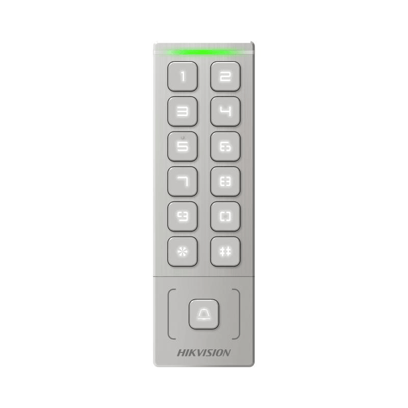 Cititor de proximitate cu tastatura Hikvision DS-K1T809MX, card sau PIN, maxim 1000 carduri si 1000 useri, cititor pentru carduri M1 incorporat, Wiegand out, supports Wiegand 26/34, alimentare: 12 VDC, 1 A, protectie: IP65, dimensiunii: 151 mm × 48 mm × 21.5 mm, montare aparenta.