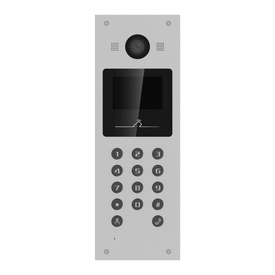 Post videointerfon de exterior pentru blocuri Hikvision DS-KD3003-E6, monitor LCD color 3.5-inch, rezolutie 480 × 320, camera video 2MP HD, unghi vizualizare: 120° wide, deschidere cu card si cod pin, capacitate utilizatori: 10000, capacitate conectare posturi interior: 500, audio: microfon si
