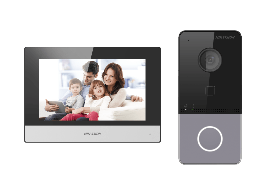 Kit videointercom IP Hikvision DS-KIS603-P(C) Flash 32 MB,memorie RAM 256MB,Indoor station: Supports live view of up to 16 IP cameras,7-inch touch screen, user friendly interface, Plug & Play,Receives video call and unlocks on mobile App anywhere, any time, Hight quality imaging with 2MP resolution