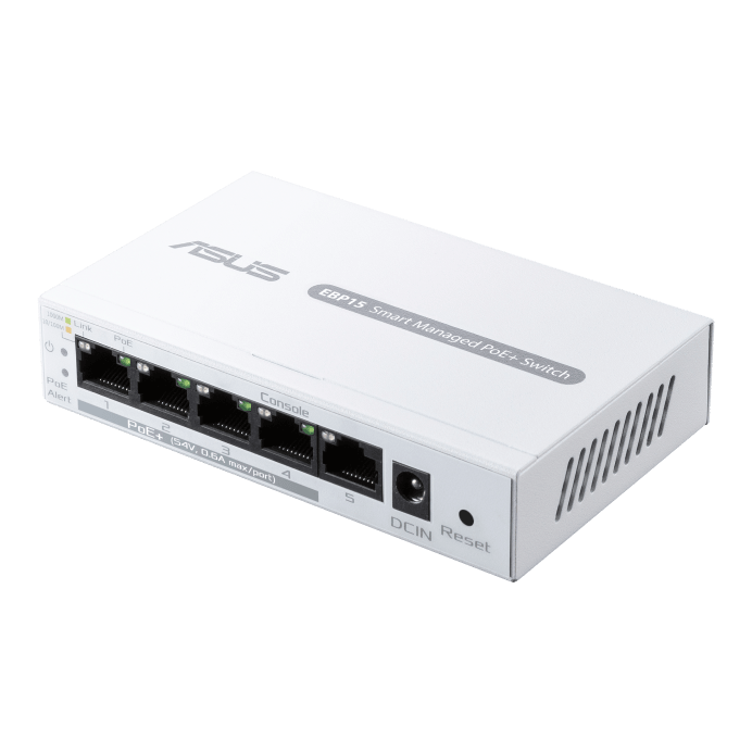 Asus EBP15 Switch 5 Porturi GBE, Smart managed, POE, Standarde retea: IEEE 802.1p, IEEE 802.1q, IEEE 802.3ab, IEEE 802.3af, IEEE 802.3at, IEEE 802.3i, IEEE 802.3u, IEEE 802.3x, IPv4, Interfata 5 x 10/100/1000Mbps, Buget POE: 60w, Securitate: SSL/TLS.