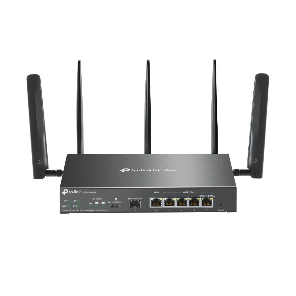 "Omada 4G+ Cat6 AX3000 Gigabit VPN Router PORT: 1× Gigabit SFP WAN/LAN Port, 1× Gigabit RJ45 WAN Port, 4× Gigabit WAN/LAN RJ45 Ports, 1 Nano SIM slot (4G+ Cat6) SPEED: 574Mbps at 2.4 GHz + 2402 Mbps at 5 GHz (HE160) Wi-Fi Speed, 300 Mbps Download LTE Speed FEATURE: Integration with Omada SDN