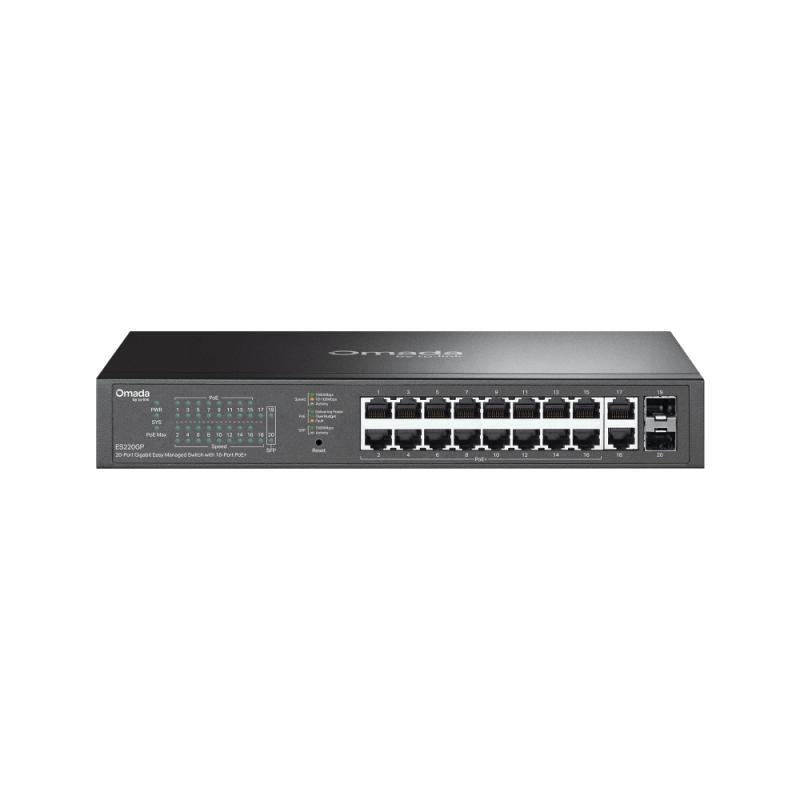 Omada 20-Port Switch ES220GP, • 16× 10/100/1000 Mbps PoE+ RJ45 Ports (support 802.3at PoE+ and 802.3af PoE)• 2× 10/100/1000 Mbps RJ45 Port• 2 × Gigabit SFP Slot, 100–240 VAC, 50/60 Hz, capacitate switch 40 Gbps