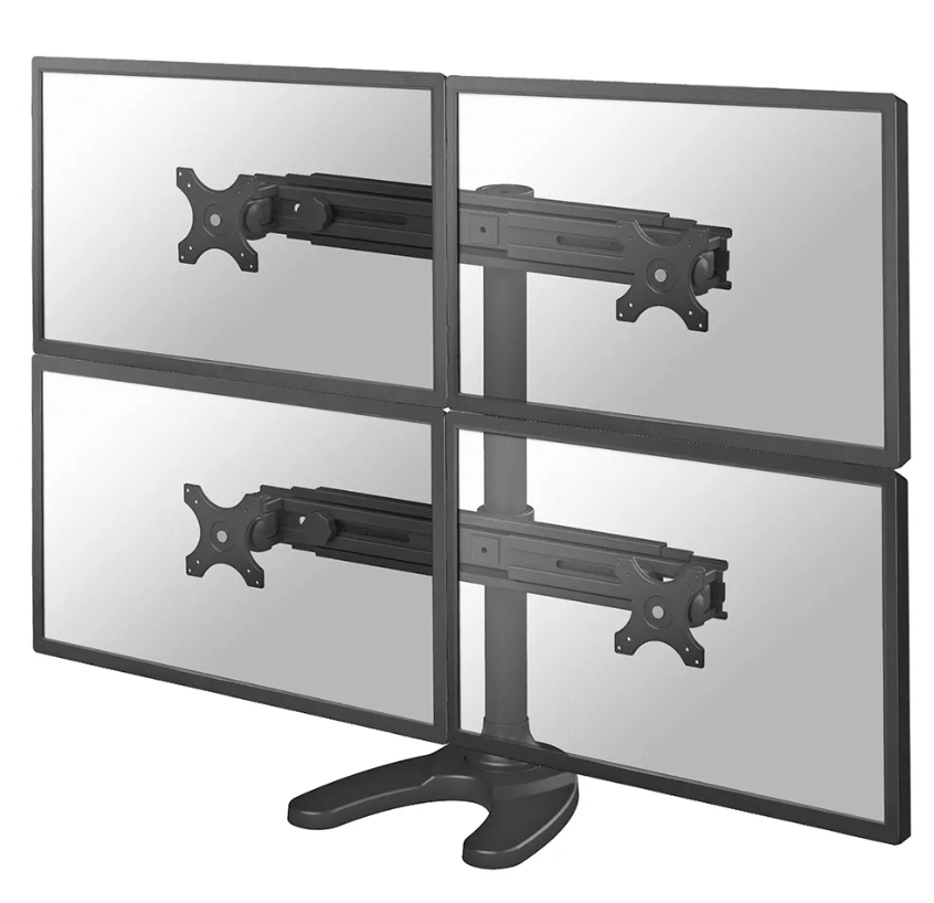 Suport cvadruplu monitor de birou Neomounts FPMA-D700DD4; pentru display-uri cu diagonale 19"-30", sistem de prindere VESA 75x75~100x100, greutate maxima suportata 8kg - per ecran, full motion, tilt +180°, swivel +180°, rotate +360°; inaltime reglabila manual 240-700mm; culoare negru. Garantie 5 ani