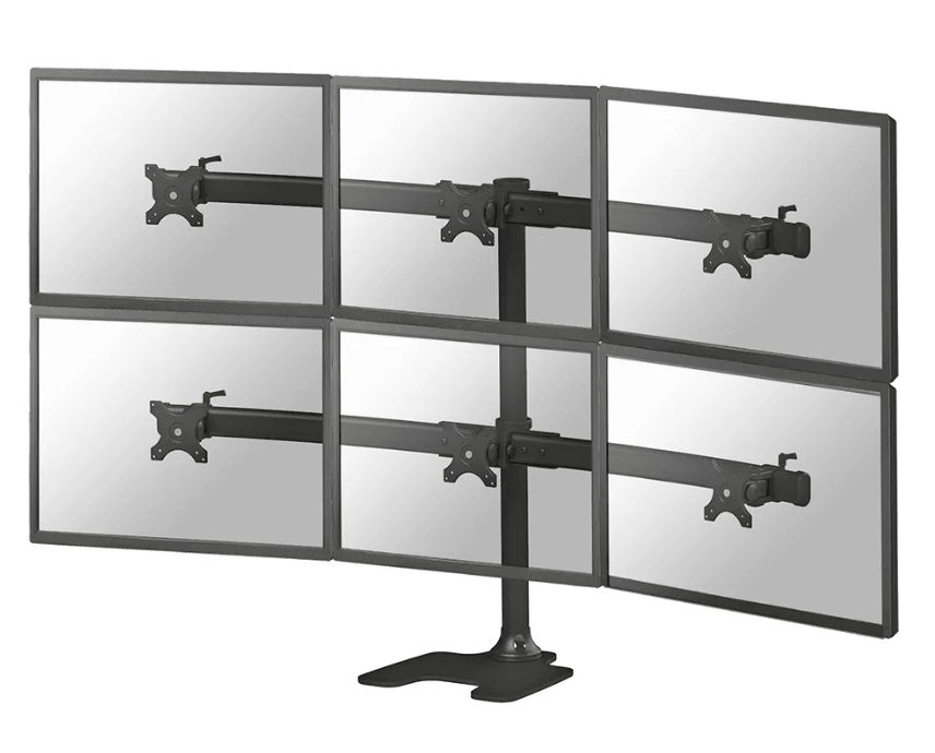 Suport 6 monitoare de birou Neomounts FPMA-D700DD6; pentru display-uri cu diagonale 10"-27", sistem de prindere VESA 100x100~100x100, greutate maxima suportata 8 - per ecrankg, full motion, tilt +180°, swivel +180°, rotate +360°; inaltime reglabila manual 320-888mm; culoare negru. Garantie 5 ani