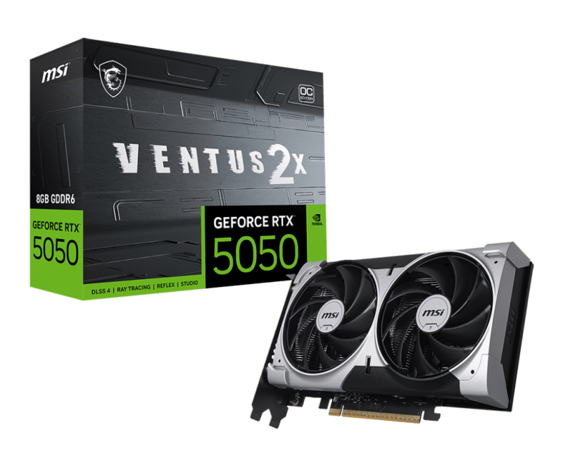 MSI GEFORCE RTX 5050 8G VENTUS 2X OC. Graphics processor family: NVIDIA, Graphics processor: GeForce RTX 5050. Discrete graphics card memory: 8 GB, Graphics card memory type: GDDR6, Memory bus: 128 bit. Maximum resolution: 7680 x 4320 pixels. DirectX version: 12 Ultimate, OpenGL version: 4.6