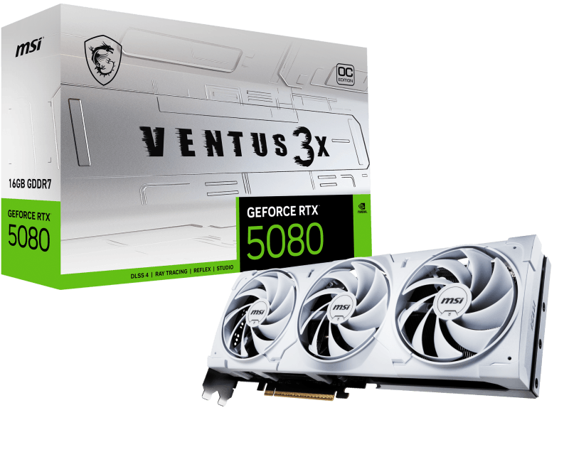 MSI VENTUS GEFORCE RTX 5080 16G 3X OC WHITE. Graphics processor family: NVIDIA, Graphics processor: GeForce RTX 5080. Discrete graphics card memory: 16 GB, Graphics card memory type: GDDR7, Memory bus: 256 bit. Maximum resolution: 7680 x 4320 pixels. DirectX version: 12 Ultimate, OpenGL version