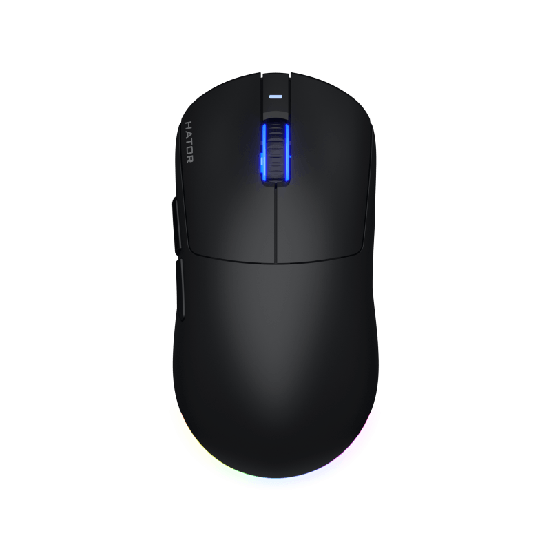 Mouse wireless Hator Quasar 3, conectivitate 2.4GHz, bluetooth si USB, polling rate pana la 1000Hz, rezolutie maxima 12000 DPI, capacitate baterie 600 mAh, durata de viata baterie in modul wireless pana la 100 ore, timp incarcare 2 ore, switch HATOR® Optical 100M, side switch Huano 3M, iluminare RGB