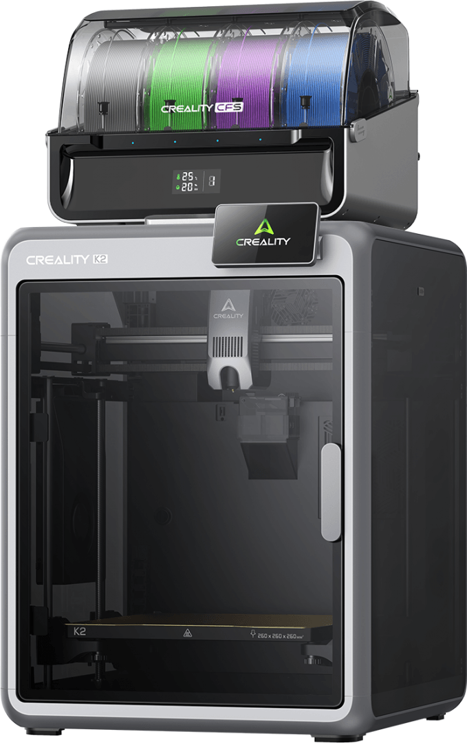 CREALITY K2 COMBO FDM 3D PRINTER, include un sistem CFS multi-color, suporta pana la 4 sisteme CFS - 16 culori, Tehnologie: FDM, Volum printare: 260 × 260 × 260 mm, 18.3 kg, Viteza printare / accelerare: 600 mm/s, 20000 mm/s², Temperatura duza: 300 °C, Motoare Step-Servo, Temperatura platforma