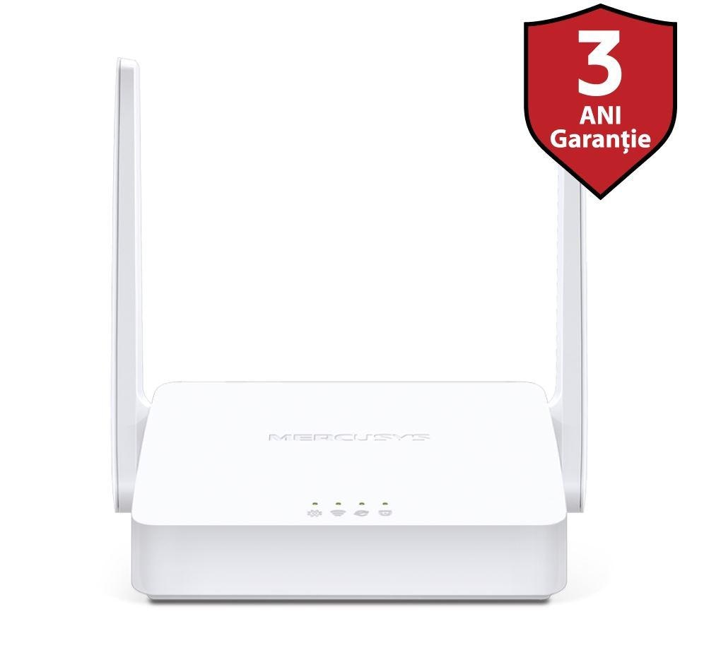 Router Wireless Mercusys N 300 Mbps, MW301R; Standarde Wireless: IEEE 802.11n, IEEE 802.11g, IEEE 802.11b, Frecventa: 2.4 - 2.4835GHz, Rata semnal: 11n: Up to 300Mbp, 11g: Up to 54Mbps, 11b: Up to 11Mbps, Interfata: 2 10/100Mbps LAN, 1 10/100Mbps WAN, Antene: 2x 5dBi.