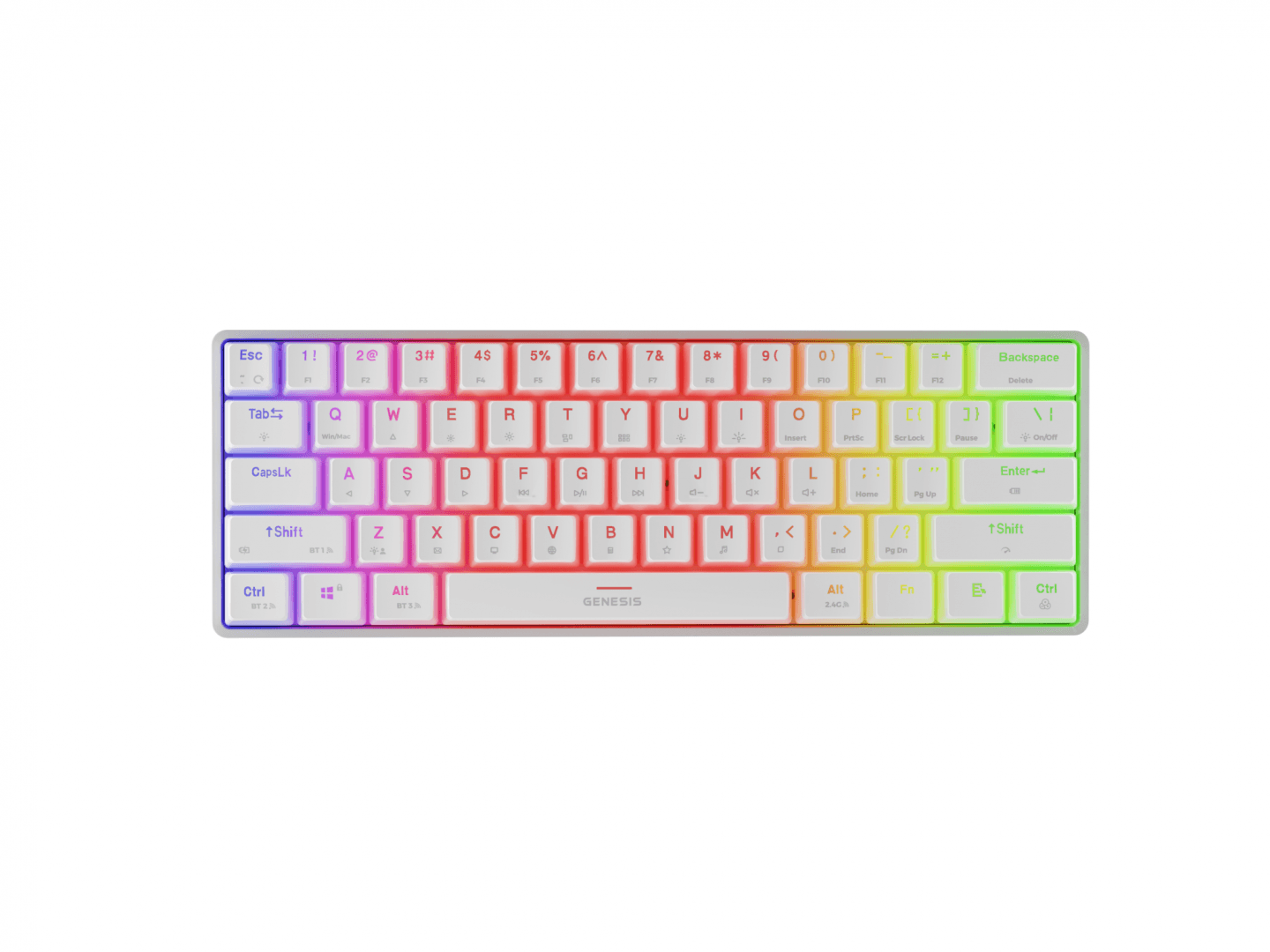 Tastatura gaming mecanica wireless Genesis Thor 660 G2 60%, iluminare RGB, switch Linear, switch model Gateron Red, numar taste 61, 13 butoane multimedia, lungime cablu 1.5m, dimensiuni 293 x 102 x 39 mm, alb