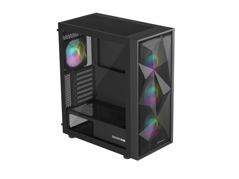 Carcasa GENESIS DIAXID 605 Mid Tower ARGB NEGRU, Tempered Glass, Sloturi Expansiune 7, Drive Bays: 2x3.5" 3x2.5", Ventilatoare Suportate: 8 (spate: 1x120mm, fata: 3x120mm sau 3x140mm, sus: 2x120mm sau 2x140mm, jos: 2x120mm), Ventilatoare Incluse: 4 (spate: 1x120mm, fata: 3x120mm), Format Placa De