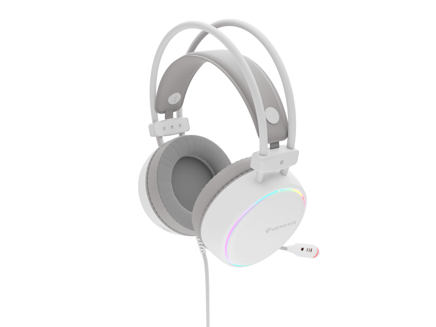 Casti gaming cu fir Genesis Neon 613 G2, sunet stereo, microfon, impendanta 32 Ohm, frecventa raspuns 20 - 20.000 Hz, lungime cablu 220 cm, iluminare RGB, frecventa raspuns microfon 10 Hz - 10 KHz, sensibilitate -42dB, conectivitate 1x Jack 3.5 mm TRRS, alb