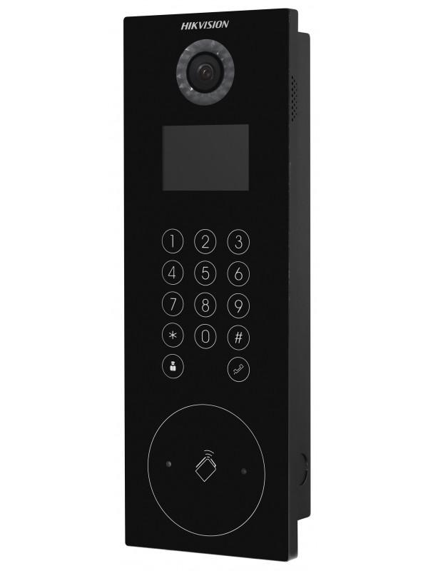 Post videointerfon de exterior pentru blocuri Hikvision DS-KD8103-E6, monitor LCD color 3.5-inch, rezolutie 480 × 320, camera video 2MP HD, unghi vizualizare: 120° wide, deschidere cu card si cod pin, capacitate utilizatori: 10000, capacitate conectare posturi interior: 500, audio: microfon si