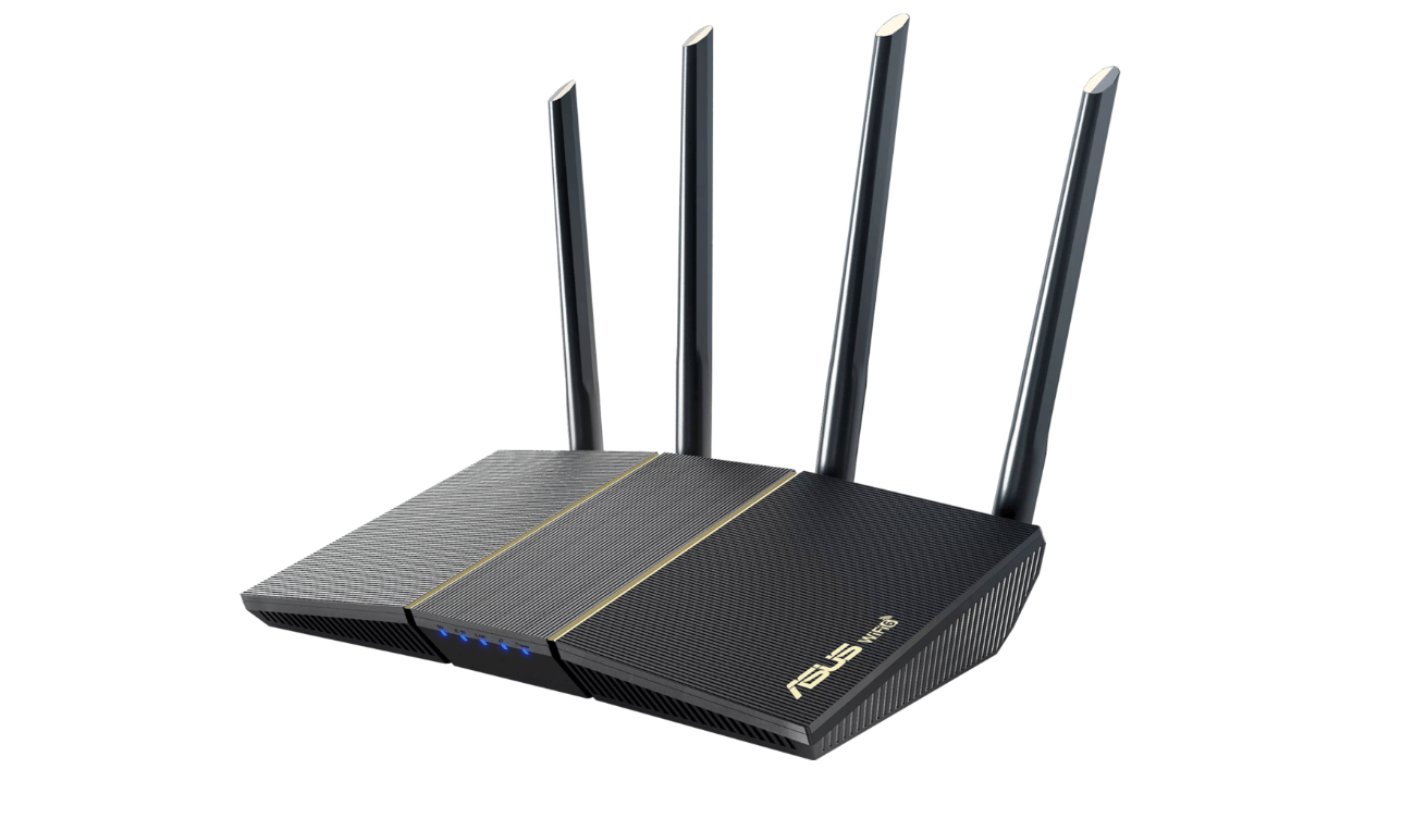 Asus Wireless Router RT-AX57, AX3000 2402 Mbps+ 574 Mbps, Dual-Band-2.4, 5Ghz, WI-FI 6, 4 x antene externe, Procesor: 1.7GHz quad-core, Memorie: 256 Mb RAM, 128Mb Flash, interfata: 1 x WAN, 4 x 10/100/1000, Dimensiuni: 230 x 134 x 56 mm, Greutate: 374g.