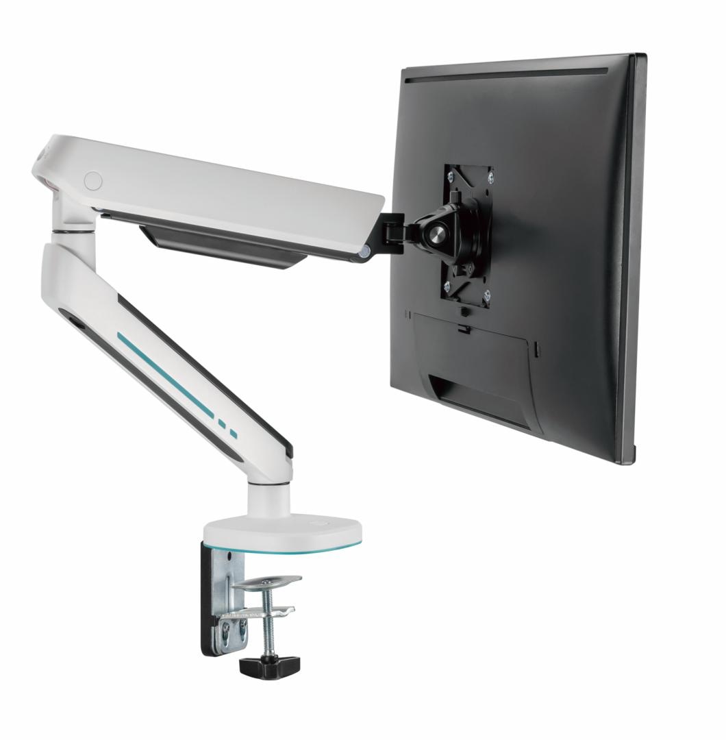 Brat pentru monitor, Material: Oțel, Aluminiu, Plastic, Suprafață finisaj : acoperire cu Pulbere, tehnologie arc, Culoare: Alb Texturat Fin, Gri Spațial Dimensiune compatibila ecran: 27"-45", Greutate maxima (pe ecran): 5~14 kg, Greutate maxima pentru ecran curbat (pe ecran): 5~12 kg