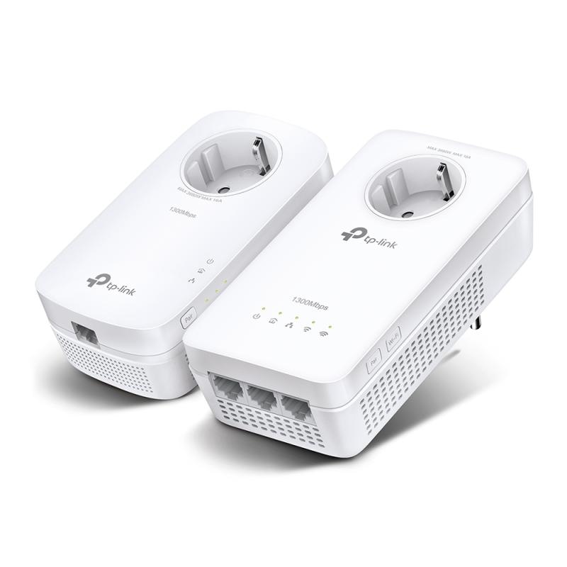 AV1300 Gigabit Passthrough Powerline AC1200 Wi-Fi Kit KIT: 1× TL-WPA8631P + 1× TL-PA8010P TL-WPA8631P: SPEED: 300 Mbps at 2.4 GHz + 867 Mbps at 5 GHz, 1300 Mbps Powerline SPEC: Qualcomm CPU, 3× Gigabit Ports, AC-Passthrough, Wall Plugged, HomePlug AV2 FEATURE: Plug and Play, tpPLC Utility, tpPLC
