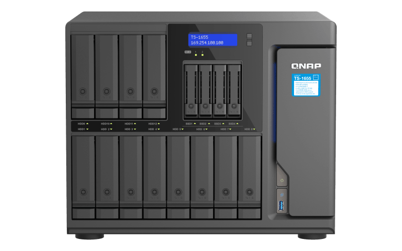 NAS QNAP 1655 16-Bay, CPU Intel® Atom® C5125 8-core/8-thread Processor, RAM 8GB DDR4 Long-DIMM non-ECC (1x 8GB), Max. 256GB ( 4 x 64G, ECC supported), 12 x 3.5"/2.5" SATA 6Gb/s HDD/SSD bay + 4 x 2.5" SATA 6Gb/s SSD bay + 2 x M.2 2280 PCIe Gen 3 x2 SSD slots HDD (neincluse), LAN: 2 x 2.5GbE