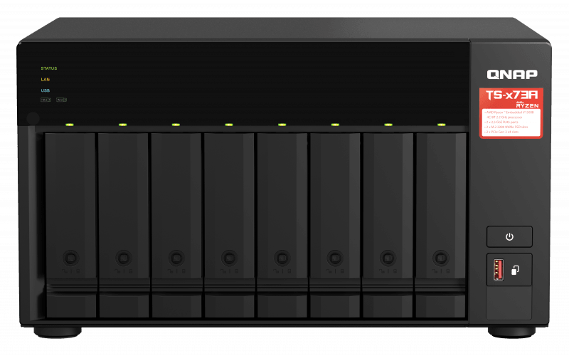 NAS QNAP 873A 8-Bay, CPU AMD Ryzen V1000 series V1500B 4C/8T 2.2GHz, RAM 8GB (1x 8GB) DDR4 (2 x SODIMM slots, max. 64GB, suport optional ECC RAM), 8x 2.5/3.5 SATA 6Gbps, 2x M.2 2280 NVMe PCIe Gen3 x1 HDD (neincluse), LAN: 2 x 2.5GbE (optional port 10GbE prin placa PCIe), tower, single PSU, 250W