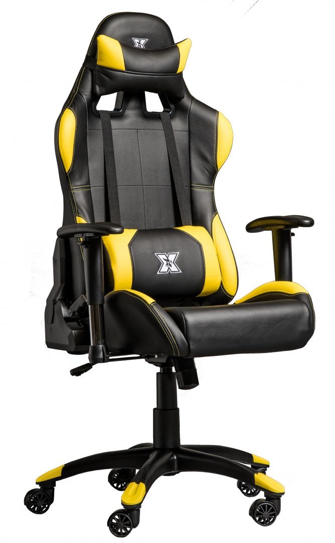 Scaun gaming X by Serioux, Torin, ajustabil, piele sintetica, piston pe gaz, manere reglabile, baza stea cu 5 picioare, greutate maxima admisa 150Kg, perne detasabile, negru si galben