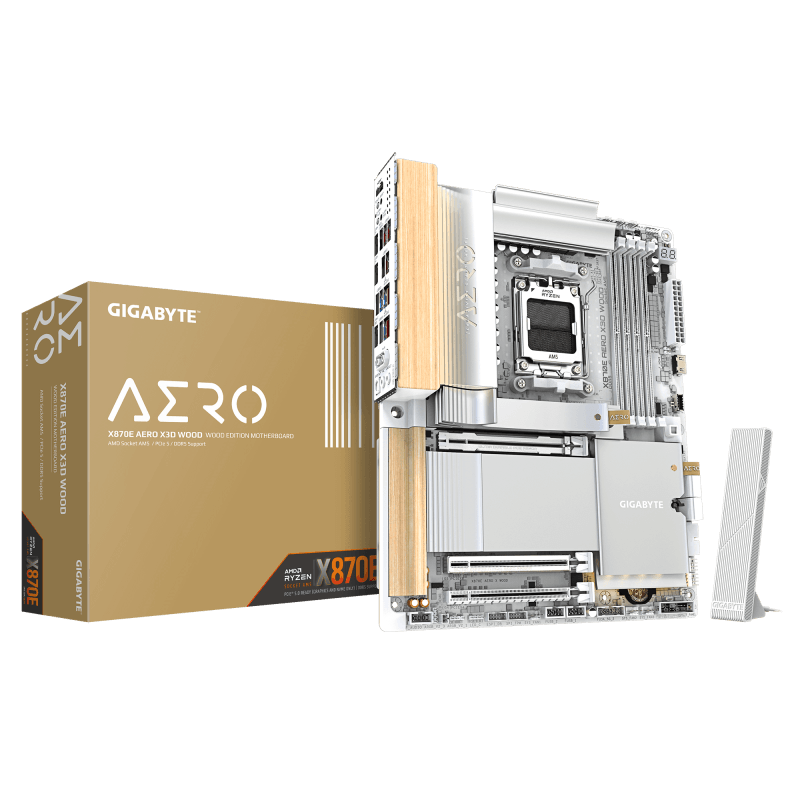 GIGABYTE X870E AERO X3D WOOD. Processor manufacturer: AMD, Processor socket: Socket AM5, Compatible processor series: AMD Ryzen 7000 Series, AMD Ryzen 8000 Series, AMD Ryzen 9000 Series. Supported memory types: DDR5-SDRAM, Maximum internal memory: 256 GB, Memory slots type: DIMM. Supported storage