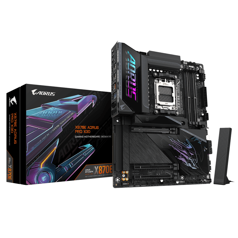 GIGABYTE X870E AORUS PRO X3D. Processor manufacturer: AMD, Processor socket: Socket AM5, Compatible processor series: AMD Ryzen 7000 Series, AMD Ryzen 8000 Series, AMD Ryzen 9000 Series. Supported memory types: DDR5-SDRAM, Maximum internal memory: 256 GB, Memory slots type: DIMM. Supported storage