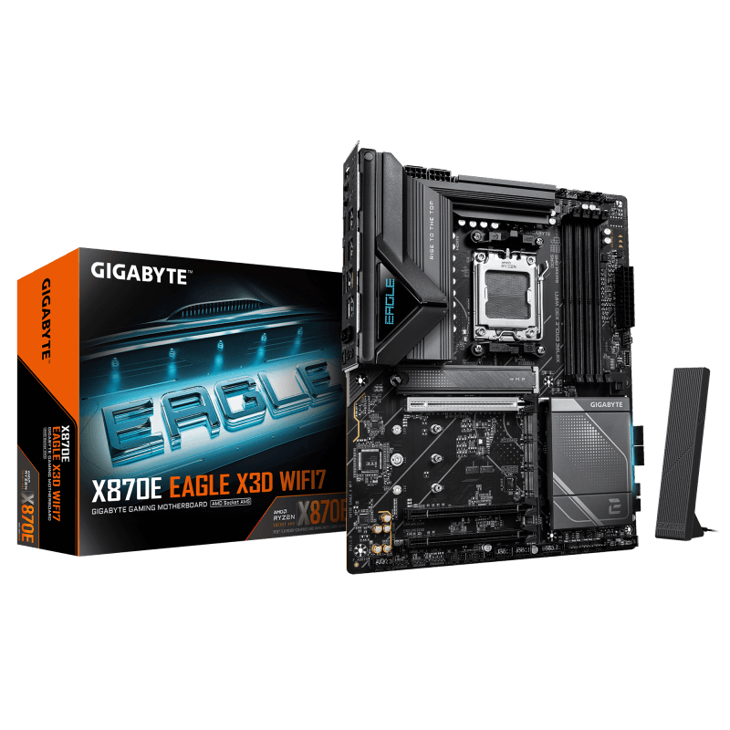 GIGABYTE X870E EAGLE X3D WIFI7. Processor manufacturer: AMD, Processor socket: Socket AM5, Compatible processor series: AMD Ryzen 7000 Series, AMD Ryzen 8000 Series, AMD Ryzen 9000 Series. Supported memory types: DDR5-SDRAM, Maximum internal memory: 256 GB, Memory slots type: DIMM. Supported storage