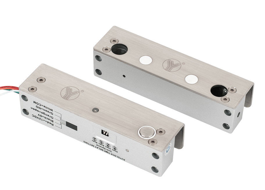 Bolt electric dublu cu actiune electromagnetica, monitorizare, temporizare si LED de stare: Tensiune de alimentare: 12 Vcc; Curent absorbit: 360 mA -in repaus / 2000 mA - la declansare; Forta de retinere: 9806 N (1000 kgf); Temporizare: 0/3/6/9 secunde; Senzor usa: NO/COM; Distanta maxima de